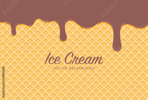 vector background with melted chocolate ice cream and a waffle cone for banners, greeting cards, flyers, social media wallpapers, etc.