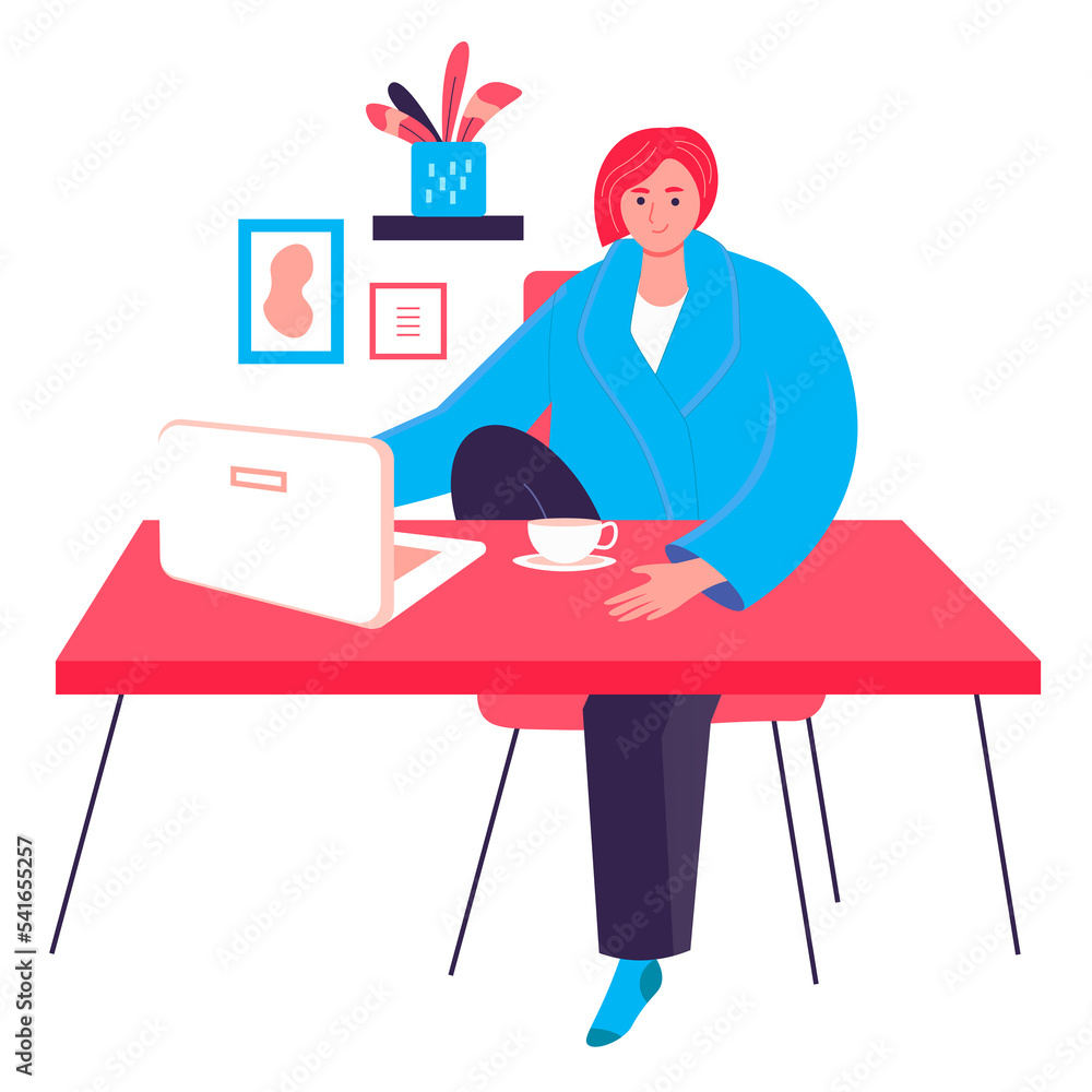 Freelancer working at home office concept. Woman sitting with laptop at desk. Freelance workplace, remote work on project character scene. Illustration in flat design with people activities Freelancer working at home office concept. Woman sitting with laptop at desk. Freelance workplace, remote work on project character scene. Illustration in flat design with people activities