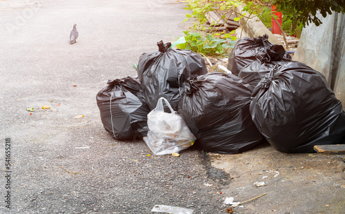 pile of garbage black bag roadside in city