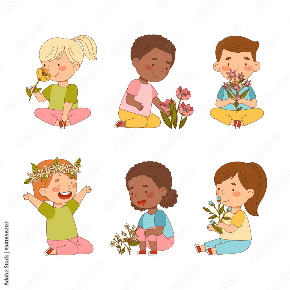 Cute children with flowers set. Happy kids sitting and smelling wildflowers cartoon vector illustration Cute children with flowers set. Happy kids sitting and smelling wildflowers cartoon vector illustration