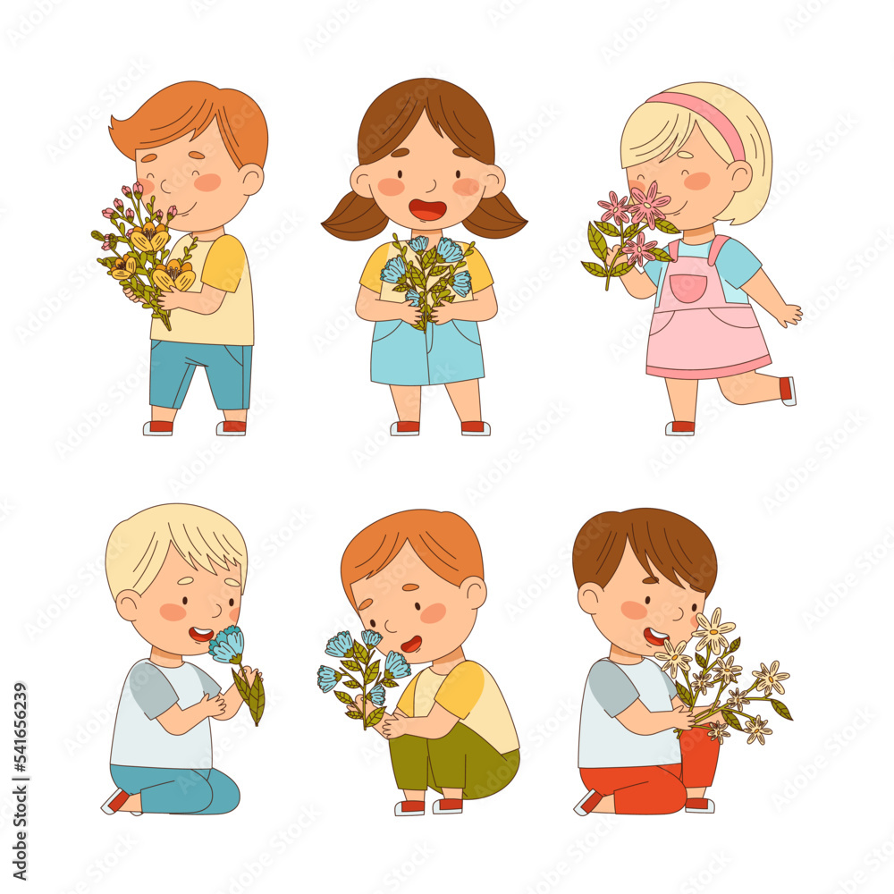 Cute children with bouquet of flowers set. Happy boys and girls holding bunches of flowers cartoon vector illustration Cute children with bouquet of flowers set. Happy boys and girls holding bunches of flowers cartoon vector illustration