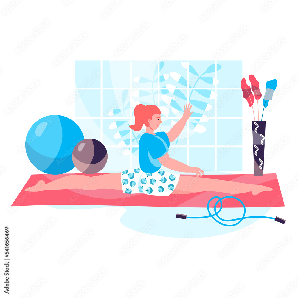 Obraz premium Fitness workout concept. Woman sitting in twine and doing gymnastic exercises. Active sport, wellness, body training, pilates character scene. Illustration in flat design with people activities