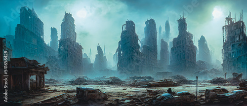 Artistic concept illustration of a dystopian city, background illustration. photo