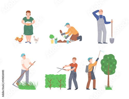 Farmers working on farm set. Agricultural workers collecting eggs, planting seedlings, digging, mowing grass, cutting hedges cartoon vector illustration