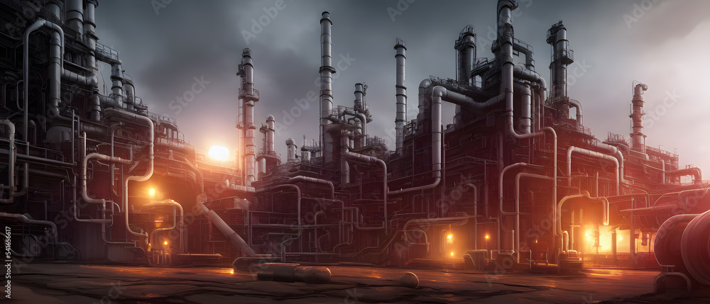 Artistic concept illustration of a oil refinery, background illustration.