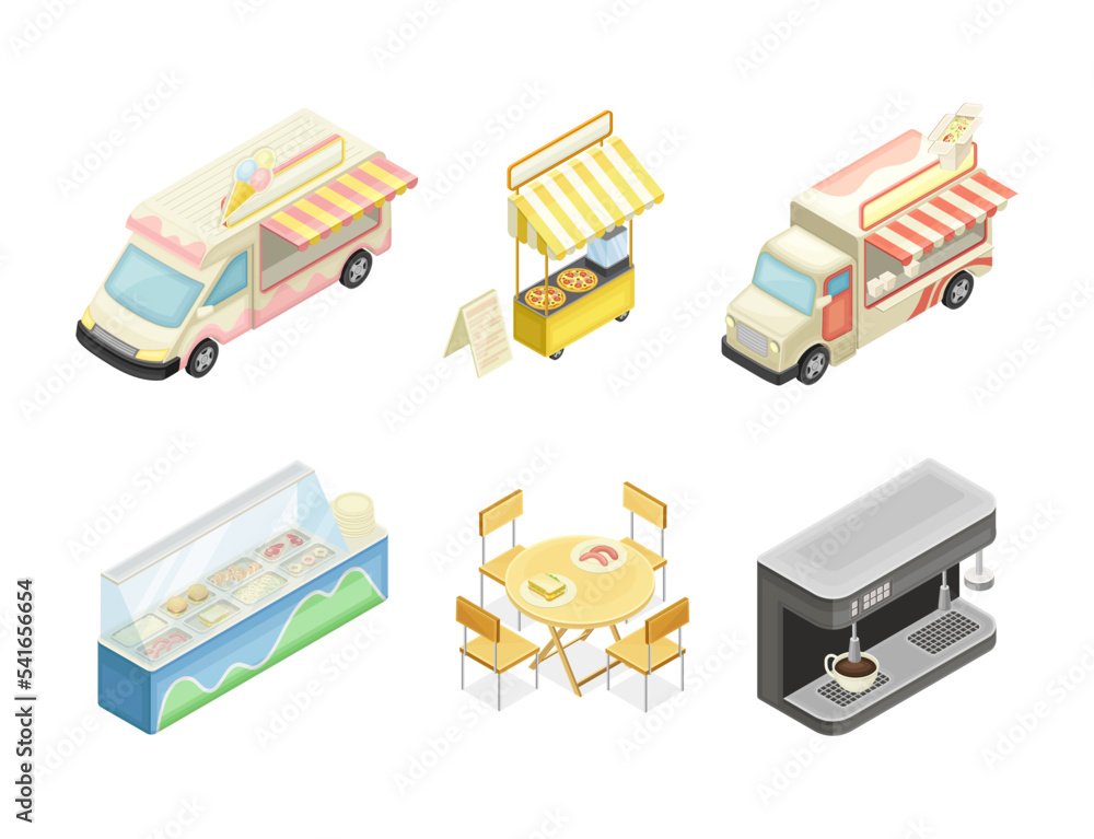 Street food truck and market stalls set. Ice cream, pizza and Asian food kiosks. Outdoor summer fair, street food market or festival vector illustration Street food truck and market stalls set. Ice cream, pizza and Asian food kiosks. Outdoor summer fair, street food market or festival vector illustration