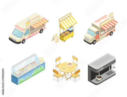 Street food truck and market stalls set. Ice cream, pizza and Asian food kiosks. Outdoor summer fair, street food market or festival vector illustration