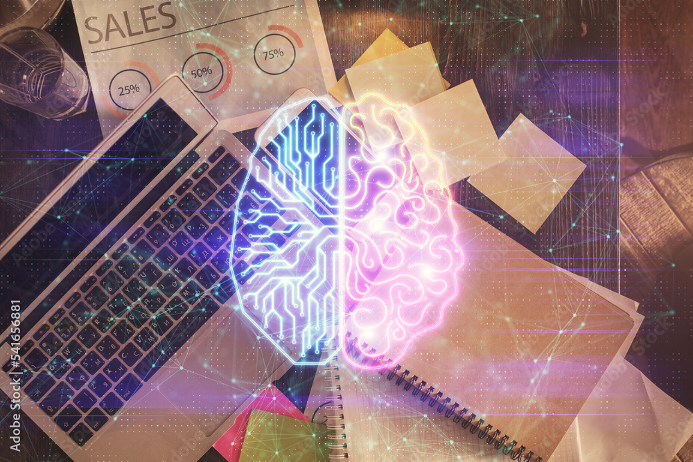 Double exposure of brain drawing hologram over topview work table background with computer. Concept of big data. Double exposure of brain drawing hologram over topview work table background with computer. Concept of big data.