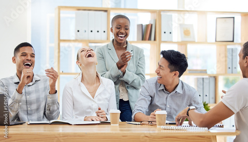 Business people, diversity and laughing in meeting at the office for funny team development at the workplace. Group of employee workers joke, laugh and share in collaboration, strategy or fun time