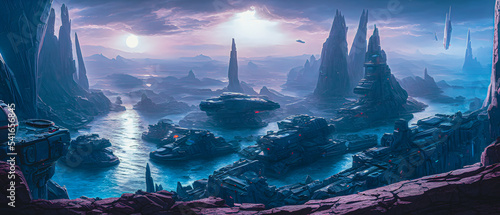 Artistic concept painting of a beautiful sci-fi landscape, with a future thing in the background. Tender and dreamy design, background illustration.