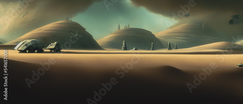 Artistic concept painting of a beautiful sci-fi landscape  with a future thing in the background. Tender and dreamy design  background illustration.