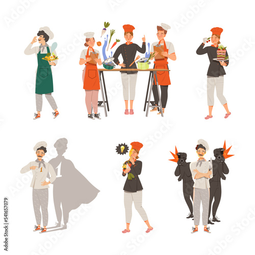 Chef masters set. Super chef cooking dishes of haute cuisine cartoon vector illustration