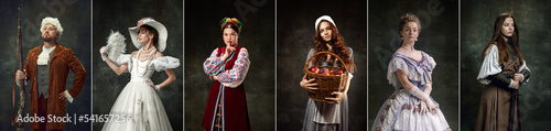 Set of images of actors and actress in image of medieval royalty persons from famous artworks in vintage clothes on dark background. Eras comparison concept photo