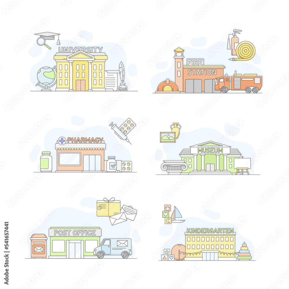 Public buildings facades set. University, fire station, pharmacy, museum, post office, kindergarten vector illustration