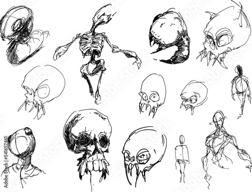 many hand drawn sketches skulls nad scary horror creatures and beasts