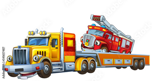 cartoon tow truck driving with other car fireman