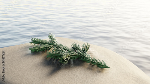 Branch and stone, sea twig. Spruce twig in the middle of the ocean. Zen wallpaper. Relaxing 3d illustration.