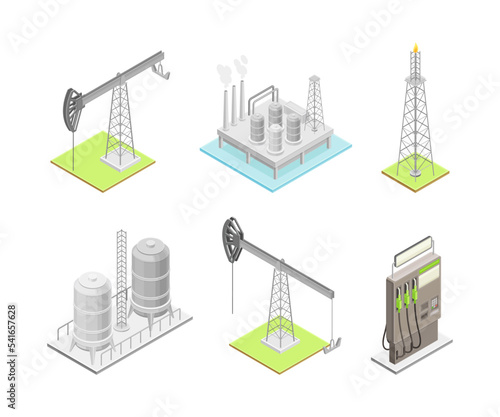 Oil and gas industry elements set. Gas station, drilling rig production platform isometry vector illustration