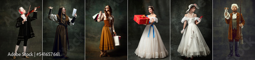 Set of images of actors and actress in image of medieval royalty persons from famous artworks in vintage clothes on dark background. Eras comparison concept