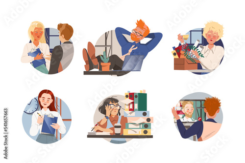 Office staff set. Employees communicating, working with computer and documents, procrastinating at workplace vector illustration