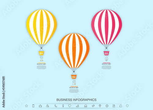 Vector hot air balloon infographic. Business 3D modern infographics concept for chart, web design, interface. Illustration and timeline with three steps and symbols