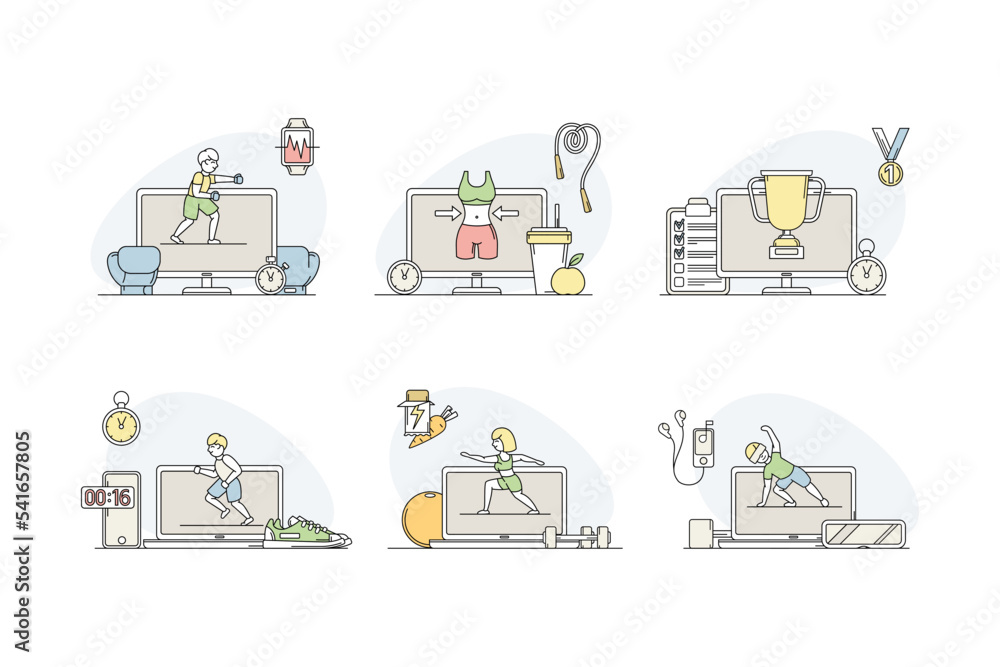 Set of computer screens with online sportive programs broadcasting. Personal fitness coach, online gym, workout at home vector illustration Set of computer screens with online sportive programs broadcasting. Personal fitness coach, online gym, workout at home vector illustration