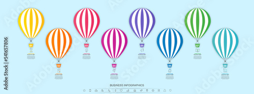 Vector hot air balloon infographic. Business 3D modern infographics concept for chart, web design, interface. Illustration and timeline with 8 steps and symbols
