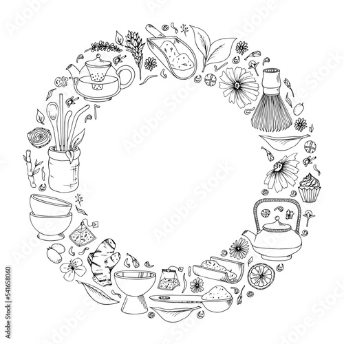 Vector set of organic tea matcha powder, tea leaves, teapot, spoon, traditional cup, whisk. Tea ceremony tools. Doodle style illustration background