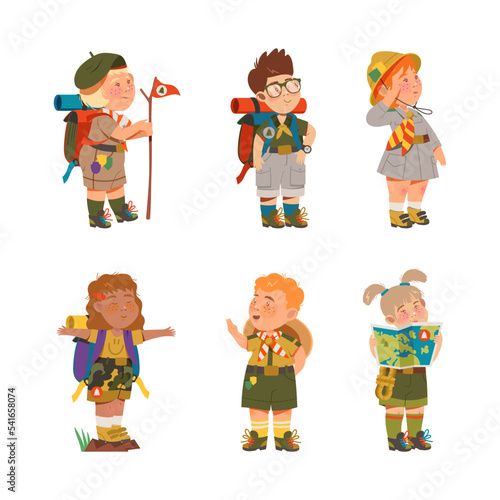 Scouting boys and girls set. Kids scouts in uniform with hiking equipment cartoon vector illustration