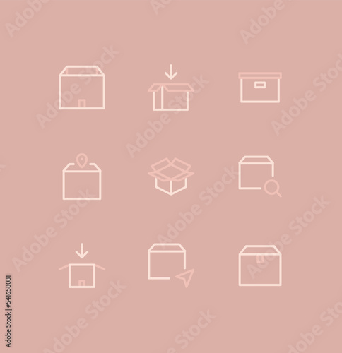 Set of box and delivery icons, cargo, box, transportation, order, carton, receive, post and linear variety vectors.