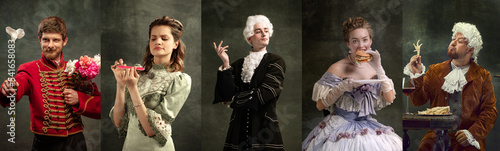 Set of images of actors and actress in image of medieval royalty persons from famous artworks in vintage clothes on dark background. Eras comparison concept photo