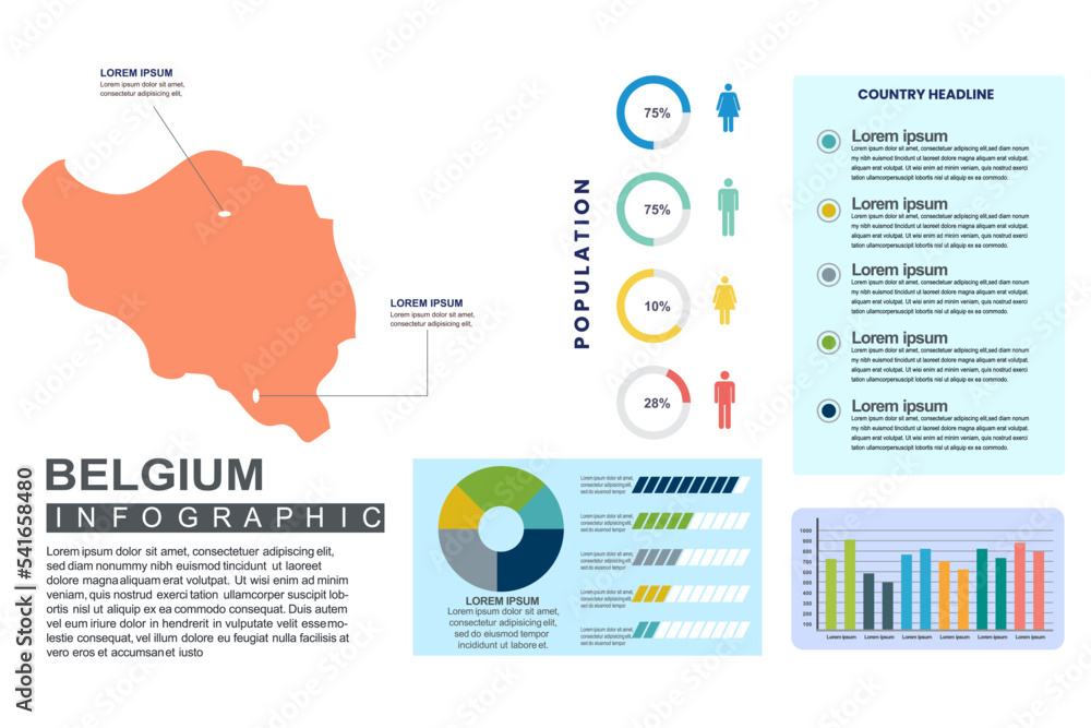 Obraz premium Belgium detailed country infographic template with world population and demographics for presentation, diagram. vector illustration.