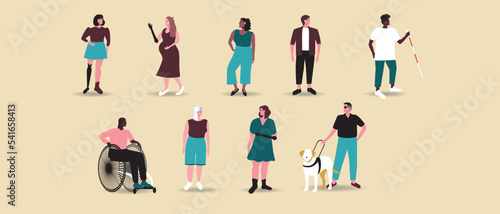Set or collection of variety of disabled people and isolators, flat vector stock illustration with disabled person in wheelchair, prosthesis, blind and deaf person, including pregnancy