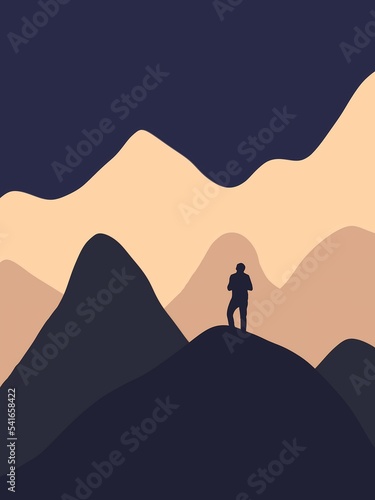Minimal lonely person on the top of mountain  night sky  