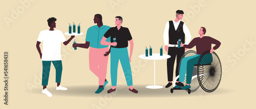 Party or bachelor party with variety of people isolated, flat vector stock illustration as holiday with cocktails and fun, holiday of inclusive people