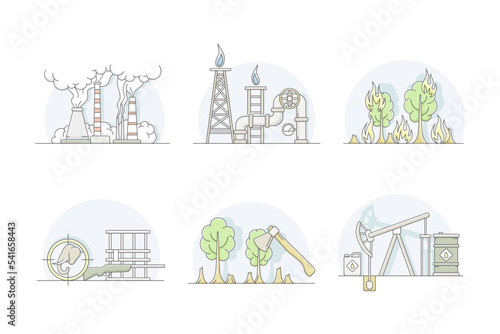 Ecological problems set. Deforestation, animal extermination, fire, oil and gas extraction, air pollution vector illustration