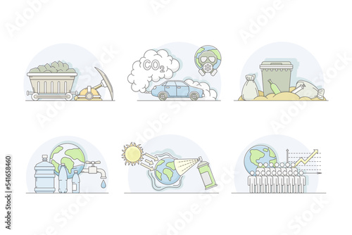 Ecological problems set. Global warming, population growth, coal mining, air pollution, depletion of fresh water vector illustration
