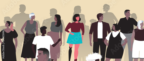 Inclusive woman with prosthesis against group of people or crowd, flat vector stock illustration with problem of social isolation