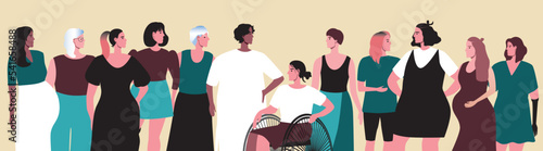 Group of diverse women together, flat vector stock illustration isolated for International Women's Day