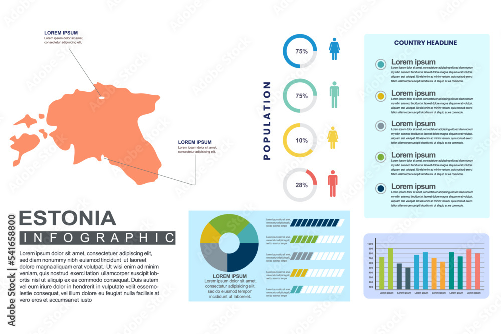Estonia detailed country infographic template with world population and demographics for presentation, diagram. vector illustration.