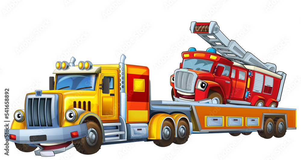cartoon tow truck driving with other car fireman cartoon tow truck driving with other car fireman