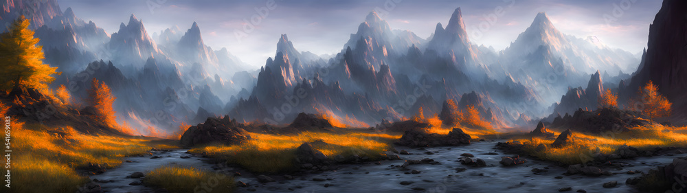 Artistic concept painting of a mountain panoramic landscape, background illustration