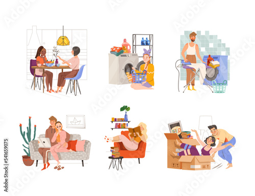 Everyday life routine scenes set. People meeting friends, doing laundry, ironing, reading book, having fun vector illustration