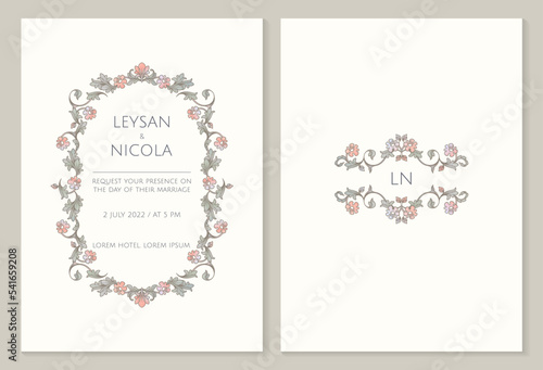 Retro wedding invitation template. Vintage color oval frame and monogram border. Floral decoration pattern.