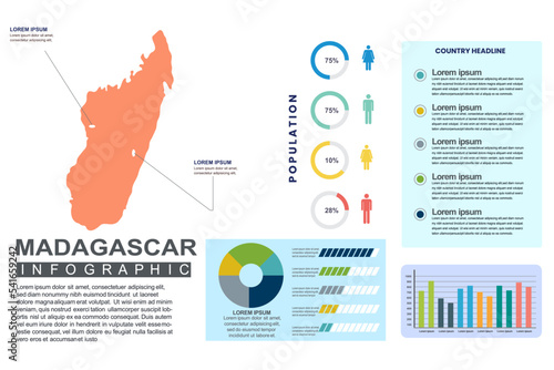 Madagascar detailed country infographic template with world population and demographics for presentation, diagram. vector illustration.