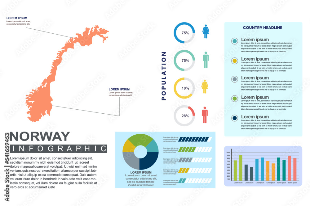 Fototapeta Norway detailed country infographic template with world population and demographics for presentation, diagram. vector illustration.