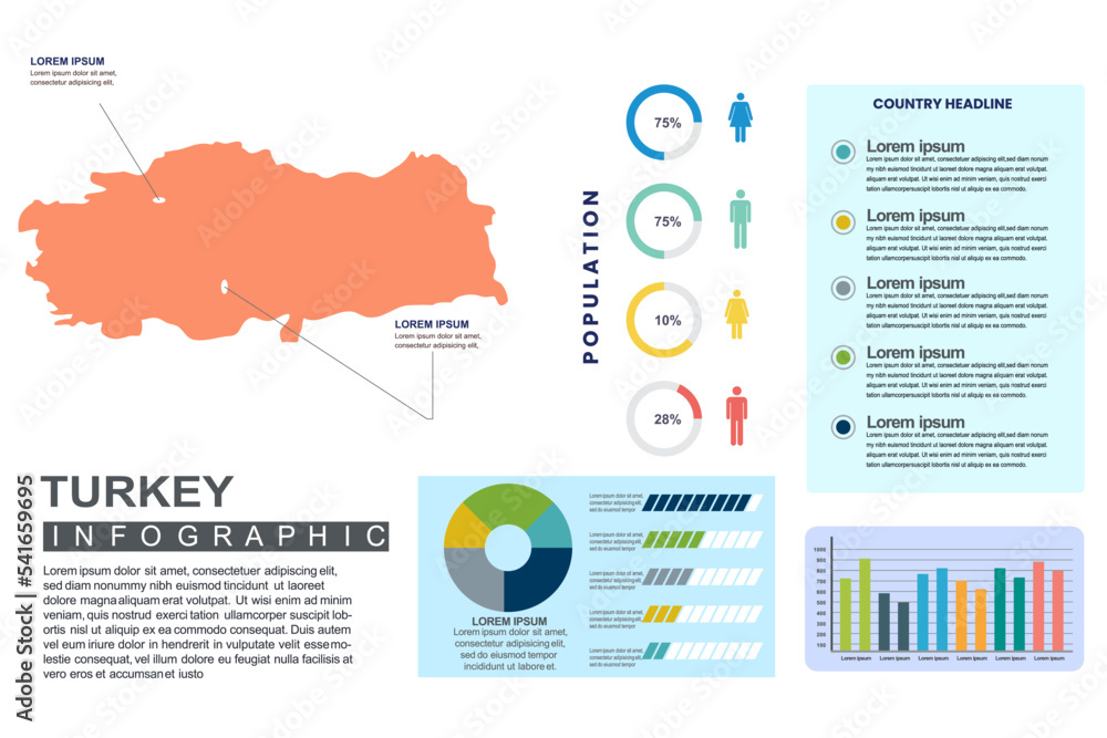 Fototapeta Turkey detailed country infographic template with world population and demographics for presentation, diagram. vector illustration.