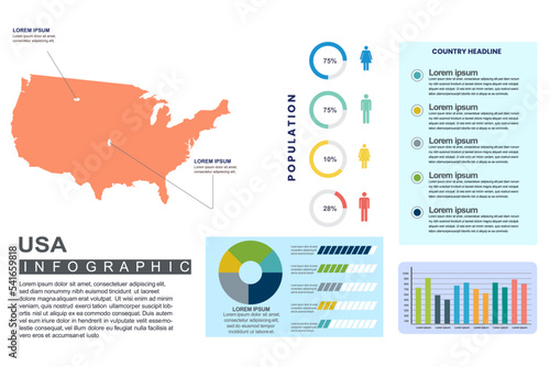 USA detailed country infographic template with world population and demographics for presentation  diagram. vector illustration.