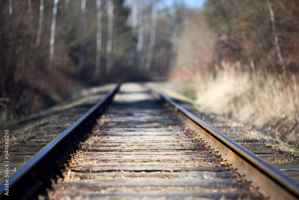 Selective focus on going straight railway abandoned rusty near spring forest. Empty turning single track of railways. Shallow focus perspective view of going ahaid rails.