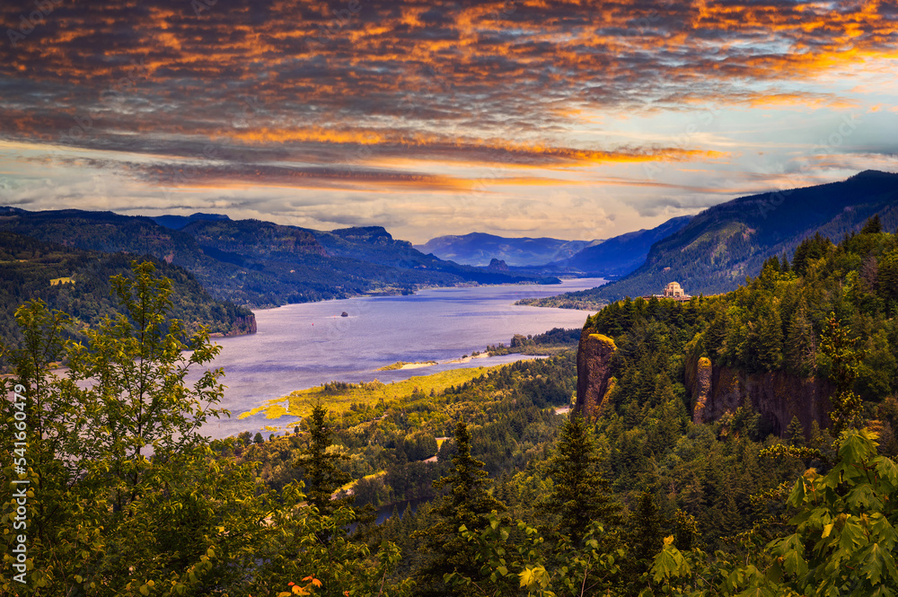 Sunset over Crown Point, Vista House and the Columbia River Gorge, Oregon